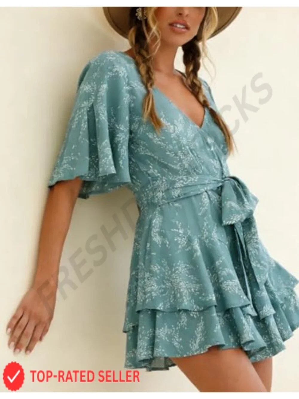 Women's Summer Romper Floral V Neck Short Sleeve Waist Tie Ruffle Hem Jumpsuit